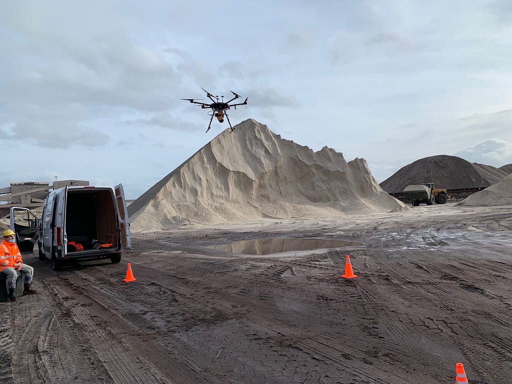 Measuring stockpile volumes using the ZEB Horizon mounted to a drone